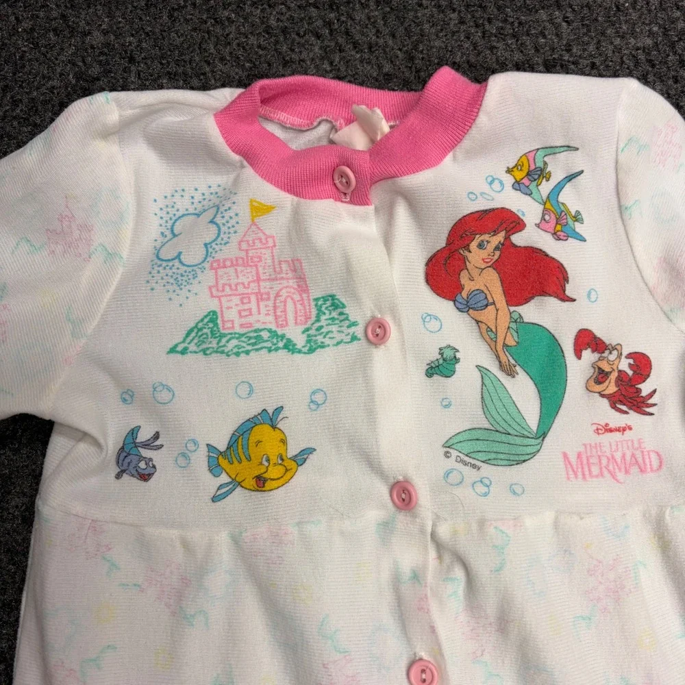 Vintage Disney The Little Mermaid Ariel Sleeper Pajamas White Pink Girls